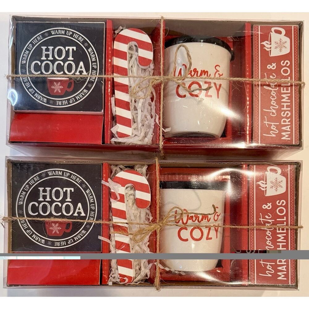 2 Hot Cocoa Christmas Decor Sets Warm & Cozy Mug & Candy Cane Holiday Time NEW